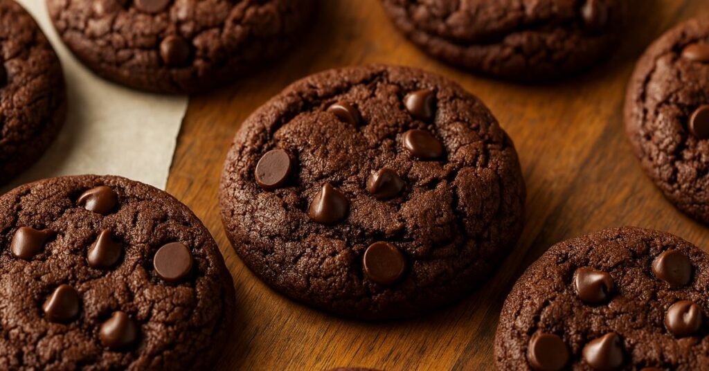 cookies recém-assados, crocantes por fora e macios por dentro, com gotas de chocolate derretendo