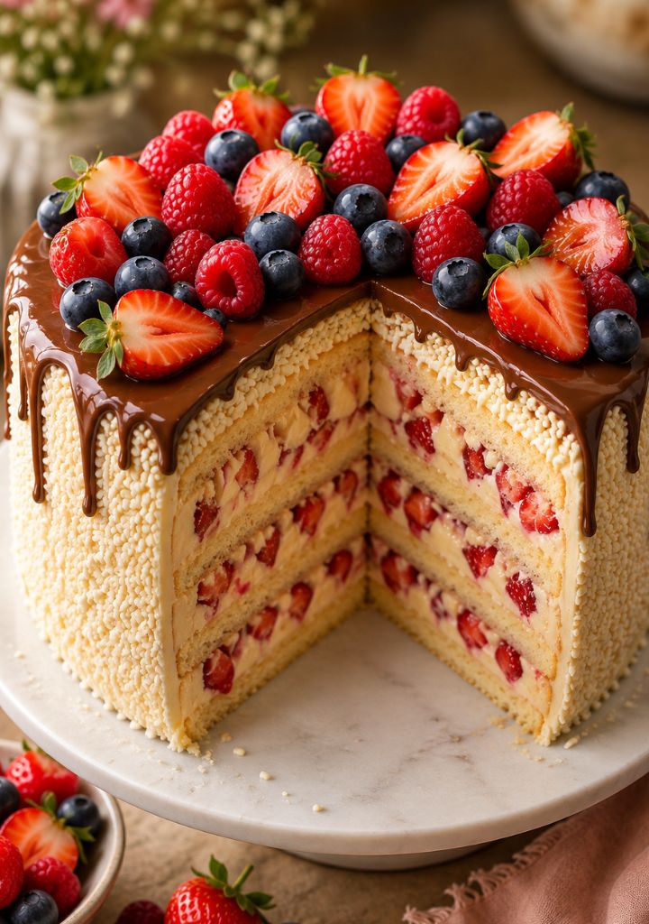 Bolo Branco com Morangos cortado